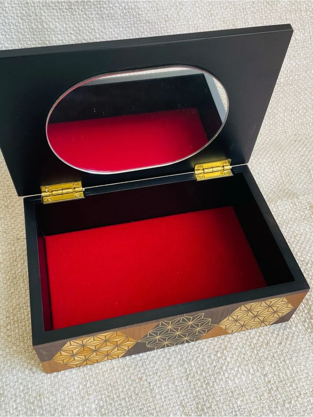 Vintage Handcrafted Geometric Inlay Wood Keepsake Jewelry Box Honey Brown